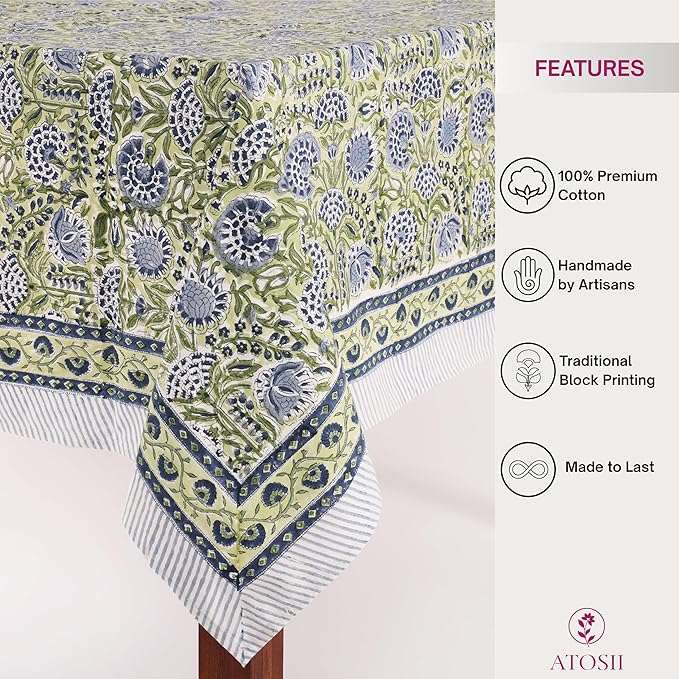 ATOSII Amara 100% Cotton Fall Tablecloth, Handblock Floral Print Rectangle Linen for Kitchen Dining I Parties Wedding Outdoors Picnics Easter I Spring Summer 72 X 108 Inches I 8 Seater Table