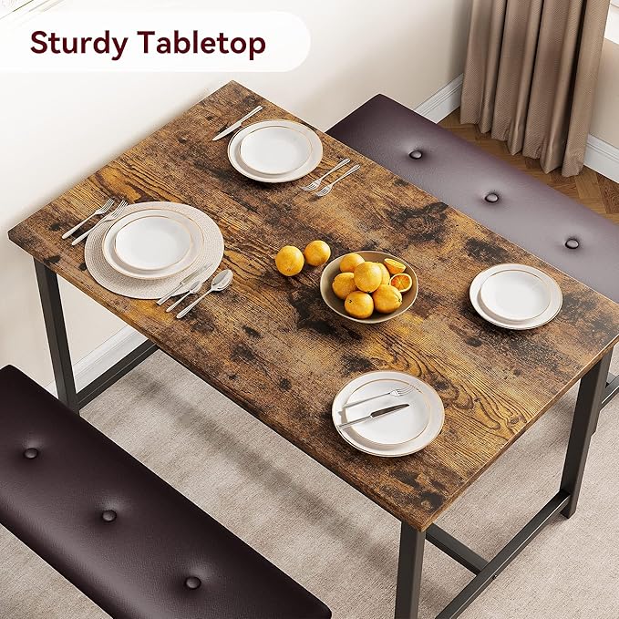 Garvee Dining Table with 2 Benches, Kitchen Table with 2 Upholstered Benches, 3 Piece Dining Table Set Space Saving for Apartment, Kitchen, 44.48" l x 27.58" w x 29.58" h, Rustic Brown