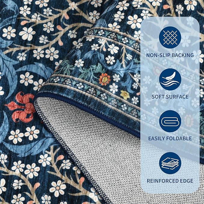 GarveeHome Floral Area Rugs 5x7, Dark Blue Washable Rug for Living Room, Bedroom, Low Pile Non Slip Stain Resistance Indoor Boho Carpet Mat for Farmhouse, Dining Room, Office