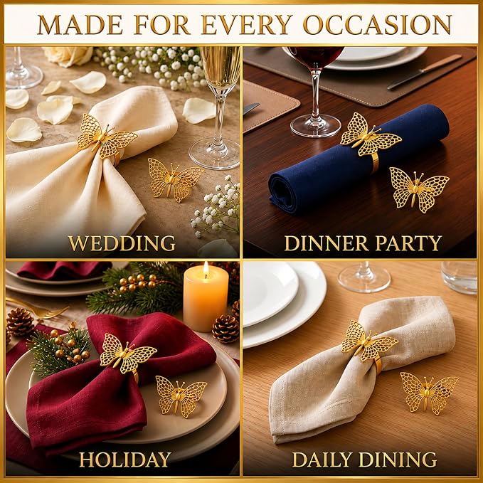 Gold Napkin Rings Set of 12 – Butterfly Design – Decorative Napkin Rings Gold - Image 7