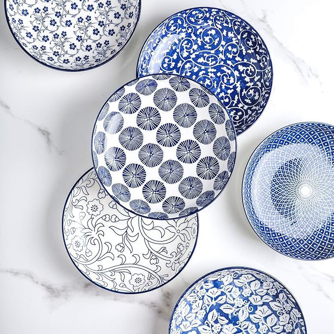 Selamica Porcelain Salad Pasta Bowls, Serving bowls, Microwave & Dishwasher Safe, Sturdy & Stackable - 26 Ounce, Set of 6, Vintage Blue