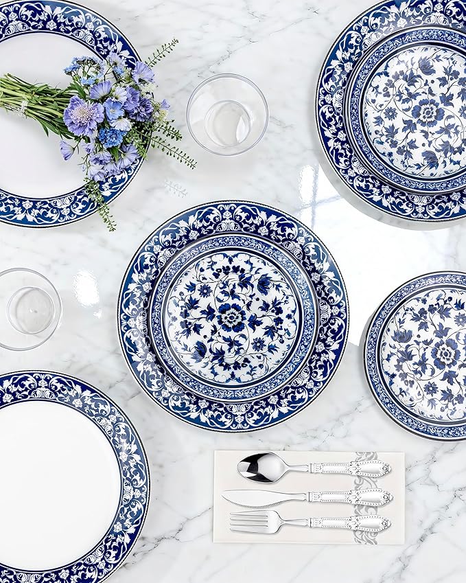 Hioasis 60pcs Blue Plastic Plates Set - Floral Blue & White Porcelain Design, 10.25" Dinner & 7.5" Dessert Plates Disposable for Wedding (Dishwasher Safe, Art Style)