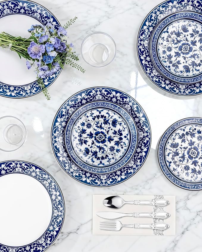 175 Pcs Blue Plates for Party & Wedding | Floral Disposable Dinnerware Set. - Image 9