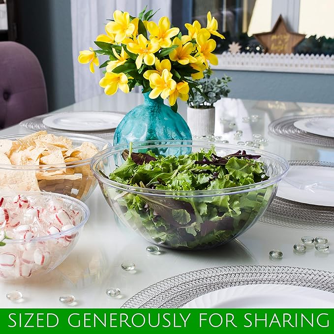 PLASTICPRO Disposable Round Crystal Clear Serving Bowls, Party Snack or Salad Bowl, Plastic Clear Chip Bowls, Party Snack Bowls, Candy Dish, Salad (2, 96 OUNCE)