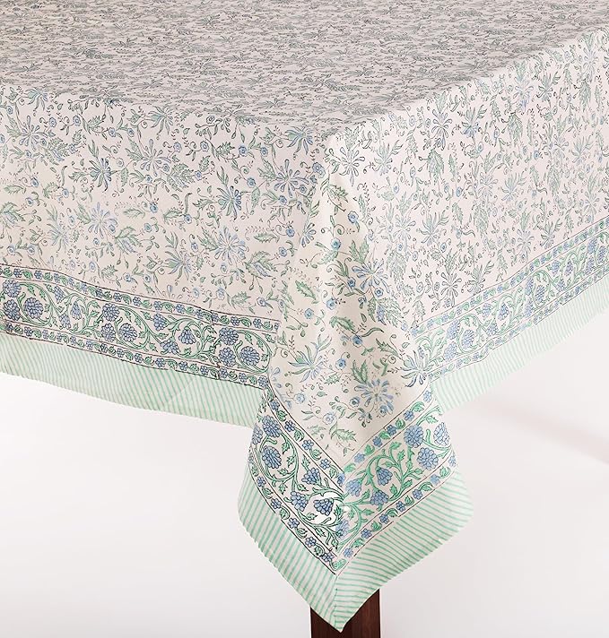 ATOSII Aster Blue 100% Cotton Square Boho Fall Tablecloth, Handblock Floral Table Cloth Linen for Kitchen Dining I Parties Wedding Outdoors Christmas Thanksgiving I Fall Home Decor 60 X 60 Inches