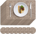 MOSAYT Placemats Set of 8, Heat Resistant Vinyl Place Mats with Coasters, Wipeable Washable 100% Waterproof Oil Proof Faux Leather Table Mats for Kitchen Dining Party Outdoor, 12" x 17", Khaki