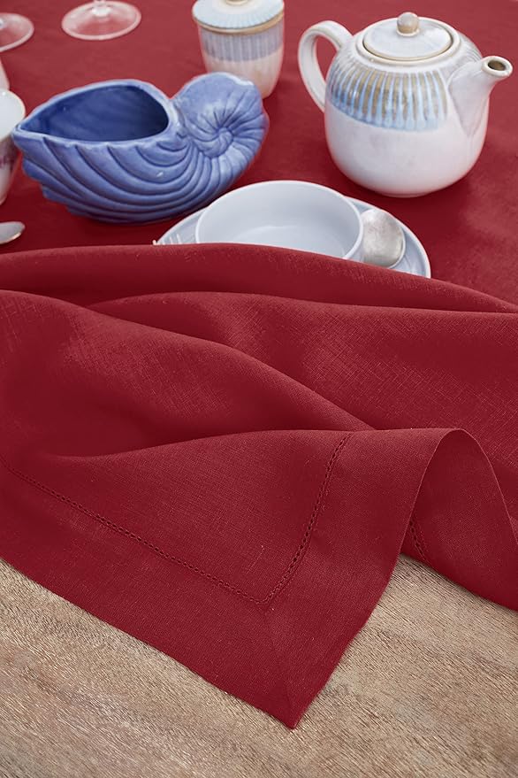 Solino Home Linen Tablecloth 60 x 120 Inch - Classic Hemstitch 100% Pure Linen Red Table Cloth for Rectangle Tables - Machine Washable Tablecloth for Valentines, Winter