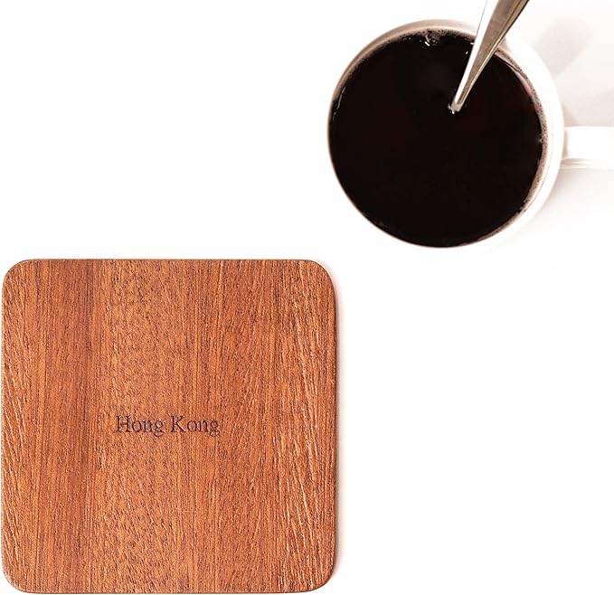 Hong Kong Map Coaster by O3 Design Studio, Set Of 4, Sapele Wooden Coaster With City Map, Handmade