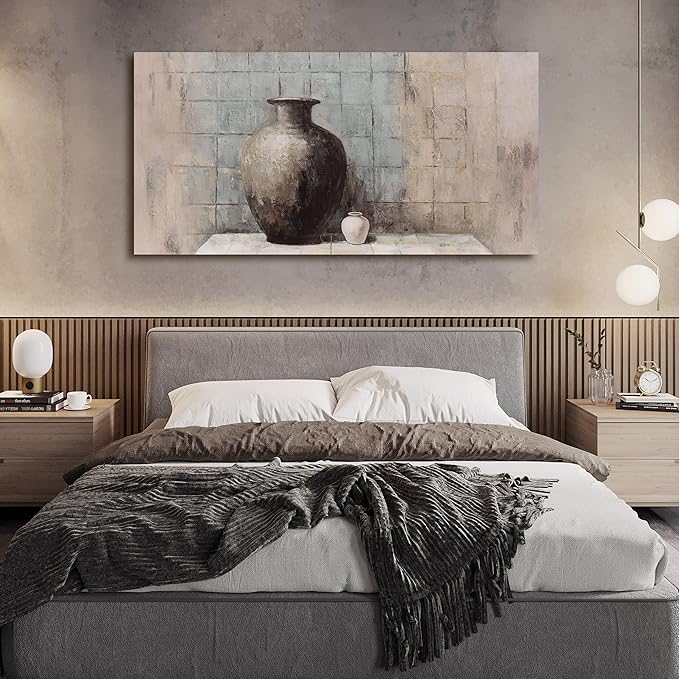 Abstract Wall Art Vintage Vase Still Life Textured Oil Painting Style Canvas Painting Framed Blue Gray Brown Wall Decor Rustic Artwork，Suitable for Decorating Living Rooms, Bedrooms, Dining Rooms, and Home Offices 20"X40"