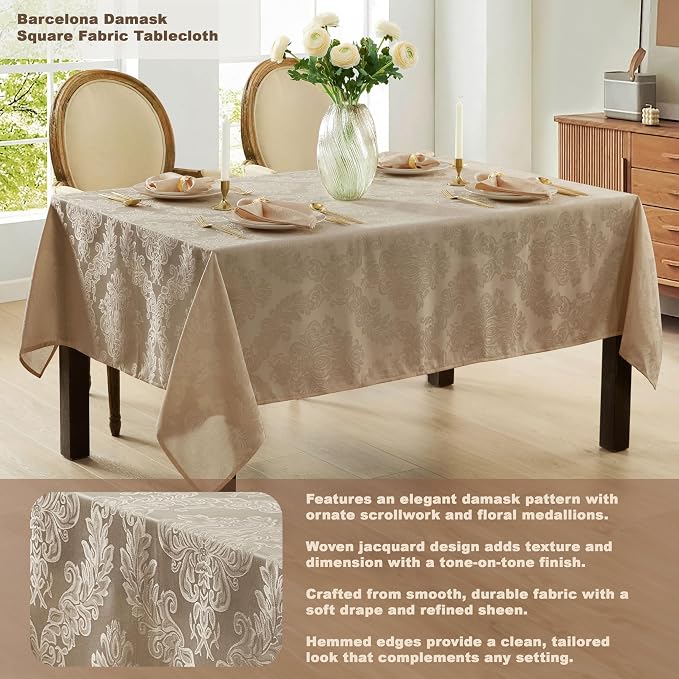 Newbridge Barcelona Luxury Damask Fabric Tablecloth, 52” Wide x 52” Square - Image 2