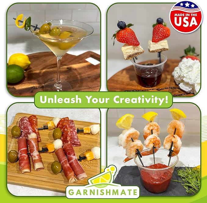 Garnishmate PACK OF 30 Clip On Garnish Holder Pick Cocktail Accessory for Entertaining Drinks and Charcuterie Boards for Home Bar Cart or Bartender Kit for Cocktails Accessories w/Rounded Tip, Black