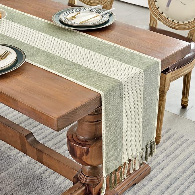 Wracra Linen Table Runner, Stripe Table Runners 108 Inches Sage Green | - Image 6