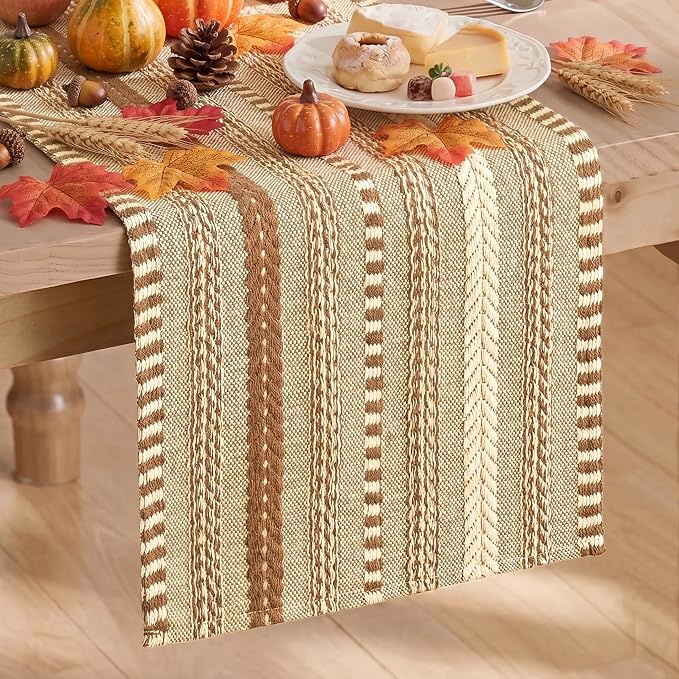 Artoid Mode Coffee Farmhouse Stripe Braided Table Runner 12x120 Inch | Holiday by ArtoidMode