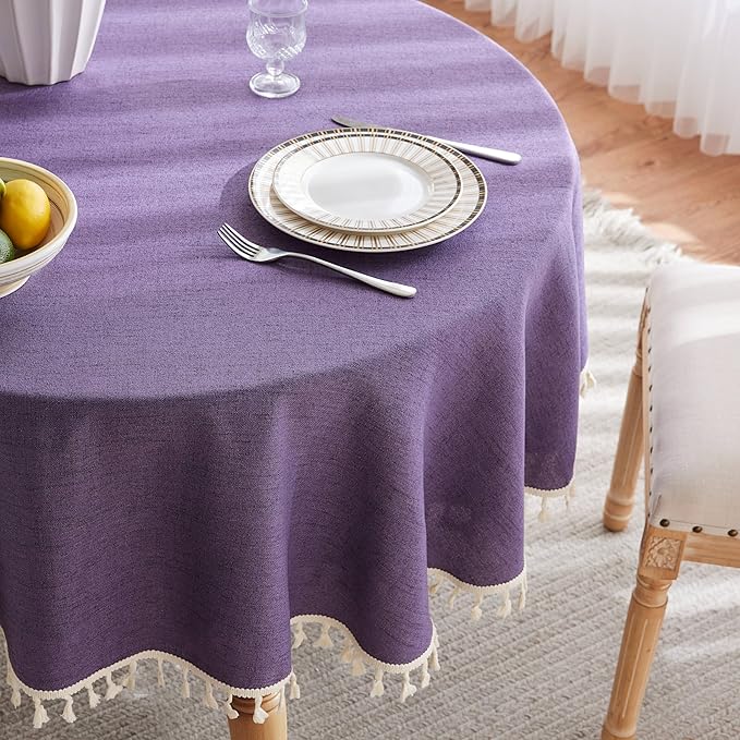 Linen Tablecloth with Tassels, Farmhouse Style Purple Tablecloth, Water Resistant Burlap Tablecloths for Round Table, 60 Inch Round Purple