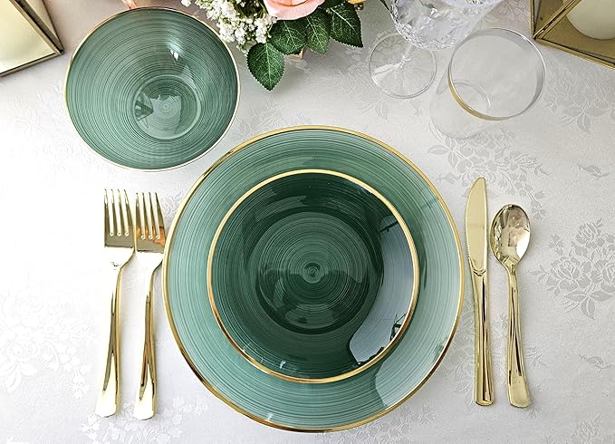 " OCCASIONS " 50 Plates Pack (25 Guests)-Wedding Party Disposable Plastic Plate Set -25 x 10'' Dinner + 25 x 7'' Salad & Dessert plates (Belize in Green & Gold)