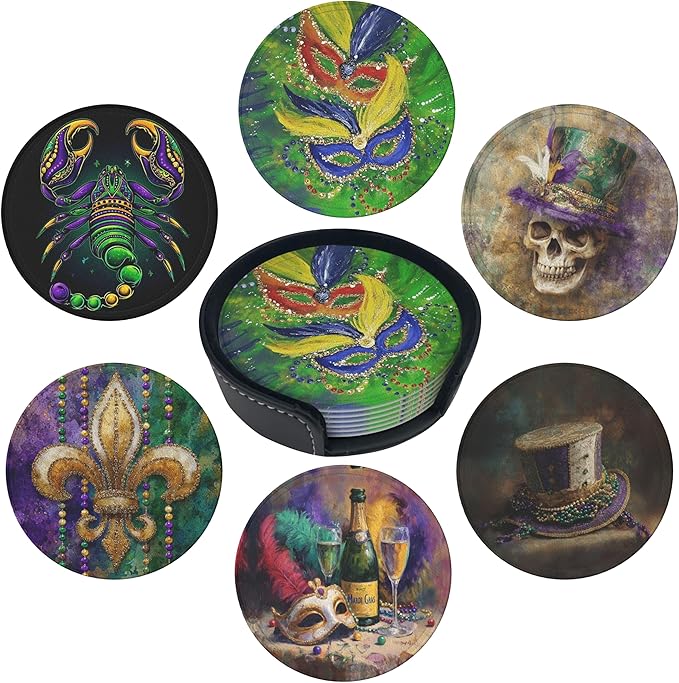Mardi Gras Coasters Leather Round Drink Coasters 6 Pcs Set with Holderor for Cup Drink Coffee Table Bar Home Decor