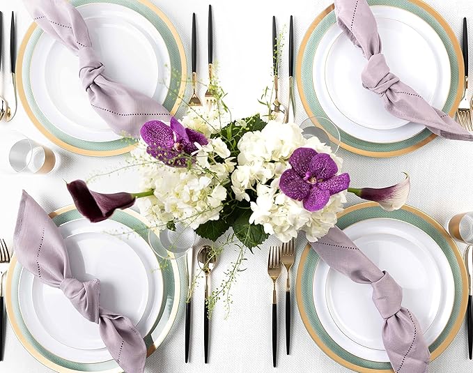 [30 Pack 8.6''] White Plastic Party Plates With Gold Rim Edge Collection Premium heavyweight Elegant Disposable Tableware Dishes