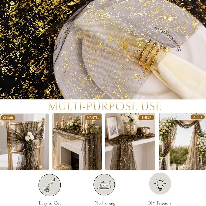Snowkingdom 3 Pcs Black Gold Gauze Table Runner 10 FT 120 Inch, Sparkle Sheer - Image 6