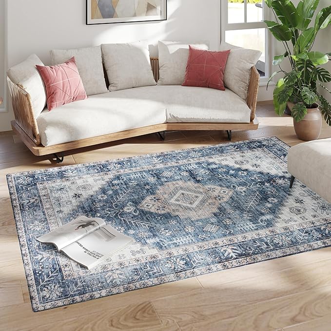 HOMCOM Washable Area Rug, 5'x7' Vintage Indoor Distressed Carpet, Retro Floor Cover Foldable, Floral Print Mat for Living Room, Bedroom, Dining Room, Blue