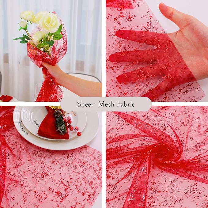 Snowkingdom 6 Pcs Red Glitter Table Runner 10 FT, Sheer Chiffon Sparkle Gauze - Image 3