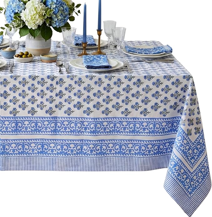 ATOSII Gulbahar Blue 100% Cotton Fall Rectangle Tablecloth, Hand Block Print Washable Table Cover, Christmas Parties Buffet Dining, Weddings, Thanksgiving Autumn Home Decor, 60 X 108 Inches 8 Seater