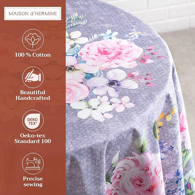Maison d' Hermine Table Cloth Round Table 100% Cotton 69 Round Inches Tablecloth Reusable Decorative for Dining Room Farmhouse Home Valentines Day Decorations Spring Summer- Sweet Rose Lavender - Lush