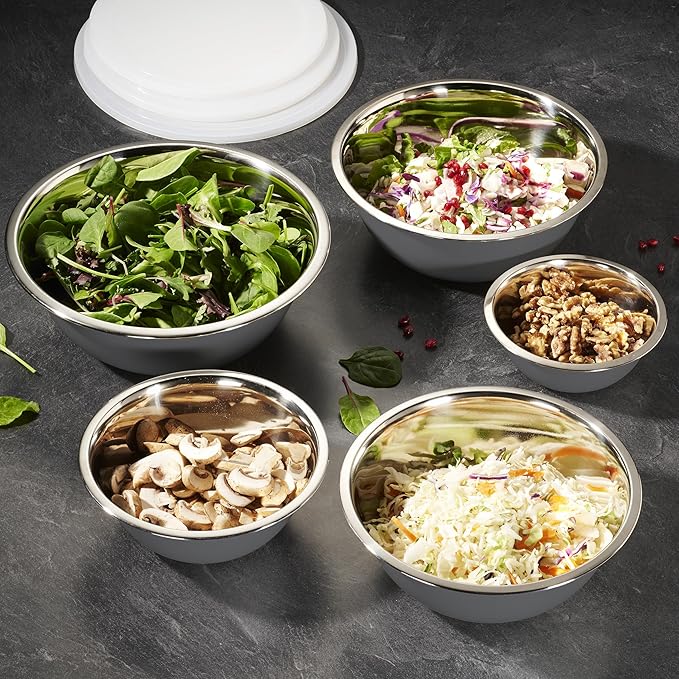 WHYSKO Stainless Steel Mixing Bowl Set, 10 Piece Stainless Steel Mixing Bowls with Lids Set for Food Prep Storage and Serving, Dishwasher Safe for Kitchen Baking Cooking, Grey