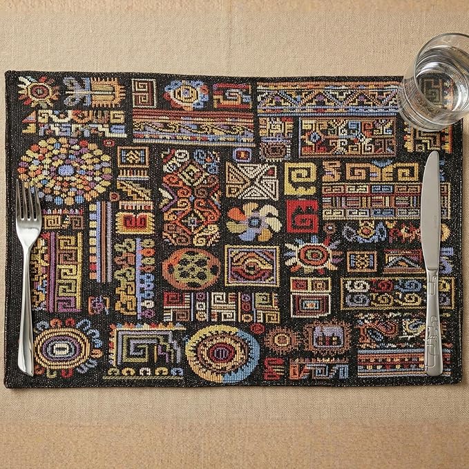 DaDa Bedding Bohemian Ethnic Ornaments Tapestry Placemats - Set of 4-Pieces Greek Ethnic Calligraphy Geometric Colorful Dark Black Design - Decorative Cotton Woven Kitchen Dining Mats - 13” x 19”