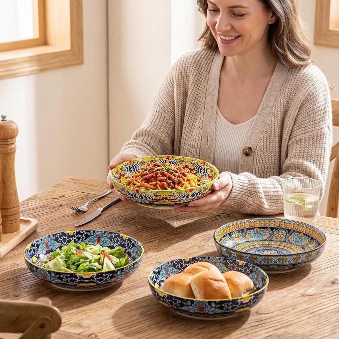 vancasso Pasta Bowls Set of 4, 42oz Ceramic Salad Serving Bowls, Bohemian | - Image 8
