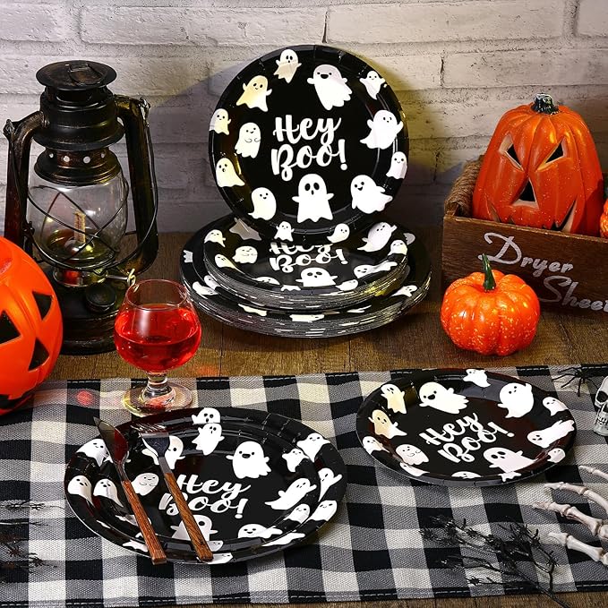48 Pcs Halloween Hey Boo Paper Plates Set Include 9 Inch Ghost Disposable Dinner Plates 7 Inch Scary Dessert Plate Tableware for Halloween Birthday Party Supplies