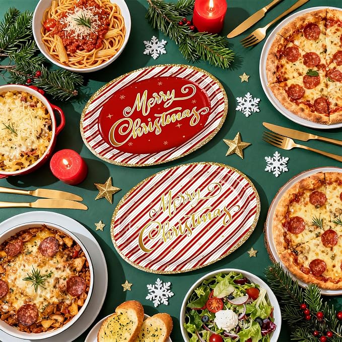 50Pcs Christmas Oval Paper Plates 10" x 12" Large Disposable Heavy Duty Red and Gold Stripe Paper Platters Red Gold Xmas Party Platter for Merry Christmas Holiday New Year Dinner Party Supplies