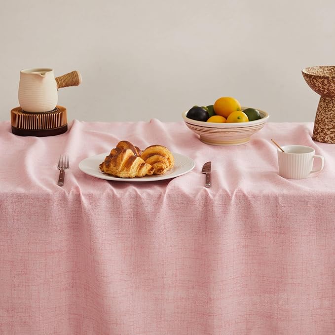 Linen Tablecloth for Rectangle Table, 60x84 Inch Pink, Farmhouse Style Pink Tablecloth, Water Resistant Burlap Tablecloths for Dining Table Farmhouse Kitchen