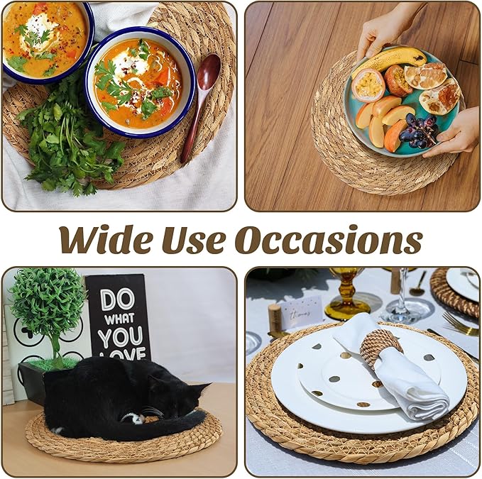 Kochorie Set of 36 Round Woven Placemats 13.8 Inch Bulrush Placemats Natural Handwoven Boho Rattan Wicker Table Mats for Farmhouse & Home Dining