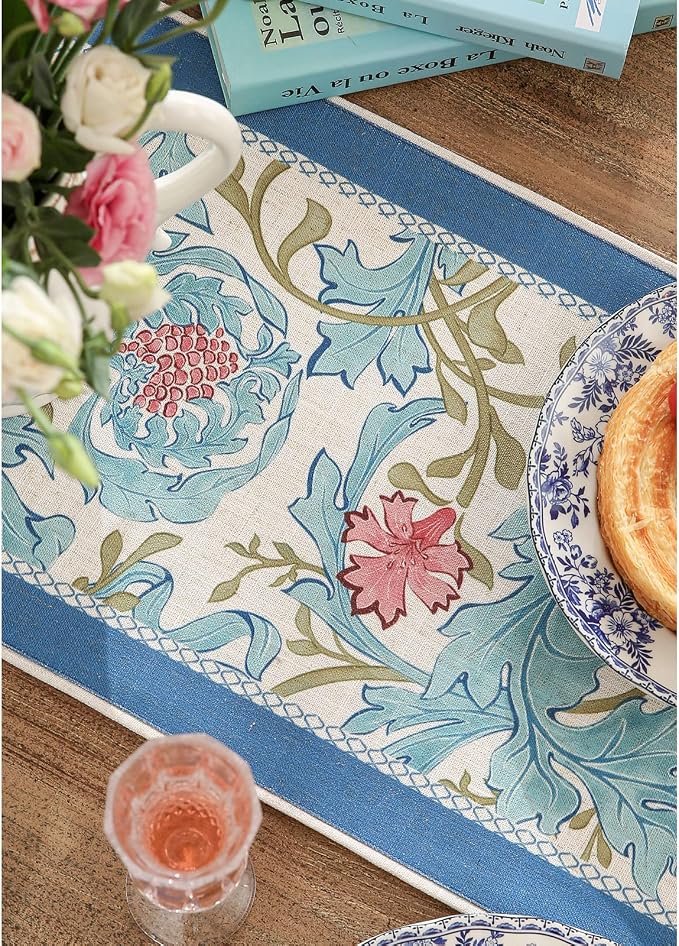 Patdrea Designer Vintage French Linen Table Runner, Elegant Blue Floral Pattern - Image 7