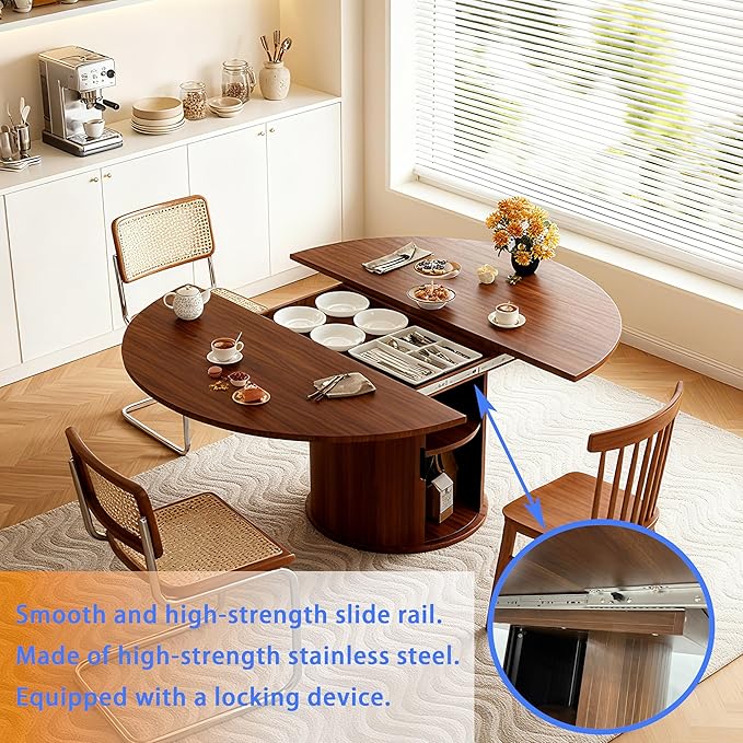 Extendable Round/Oval Dining Table Seats 2-4-6, 59" Modern Farmhouse Design with 2-Tier Storage & Fluted Slide Door, Dining Room Kitchen Furniture (Walnut, 59 inches)