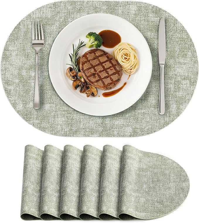 Placemats Set of 6, 11.8 x 17 Inch, Grass Green | Heat Resistant Oval Faux by homing