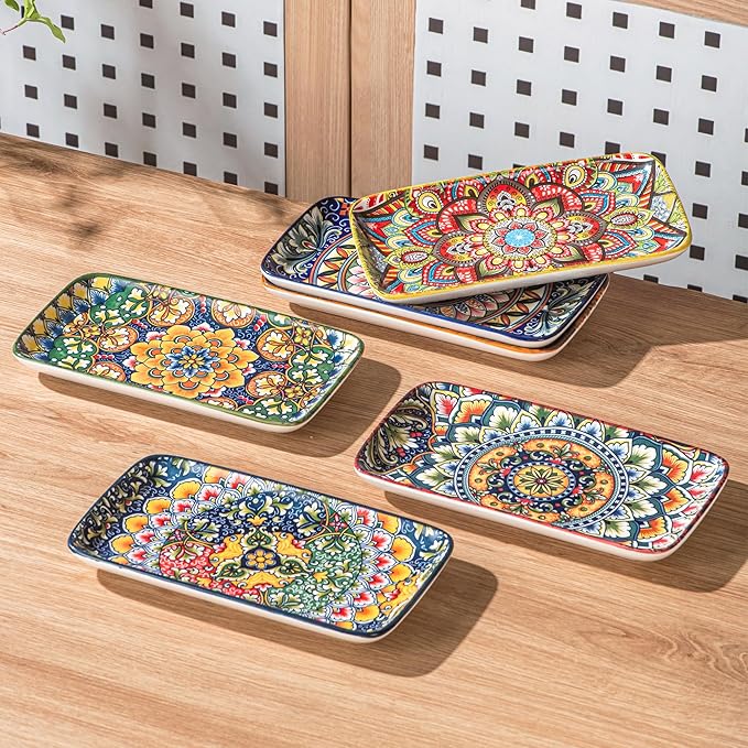 Henten Home Porcelain 10 Inch Dinner Plates, Ceramic Rectangular Salad Plate Set of 6, Bohemian Serving Dishes for Sushi, Pasta, Appetizer, Microwave & Dishwasher Safe