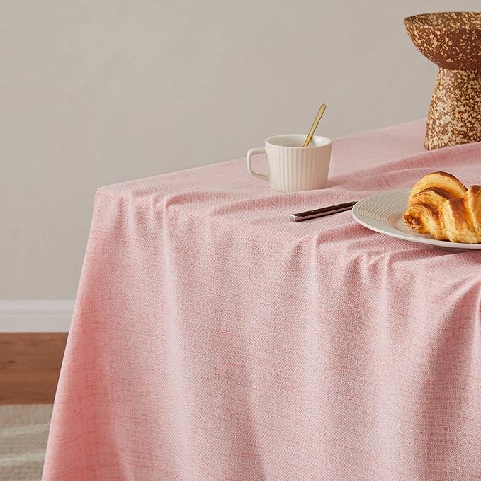 Linen Tablecloth for Rectangle Table, 60x104 Inch Pink, Farmhouse Style Pink Tablecloth, Water Resistant Burlap Tablecloths for Dining Table Farmhouse Kitchen