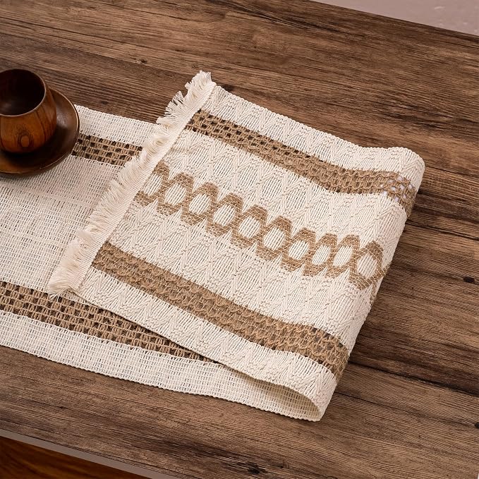Boho Table Runner with Tassels 12 x 132 Inches Long, Cream & Brown Rustic - Image 7