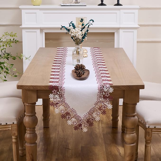 White Dark Red Floral Lace Table Runner Dresser Scarf | Christmas, Floral - Image 3