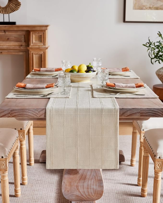 Linen Checked Farmhouse Table Runner, 13x72 Inches Neutral Beige | Raised Grid - Image 2
