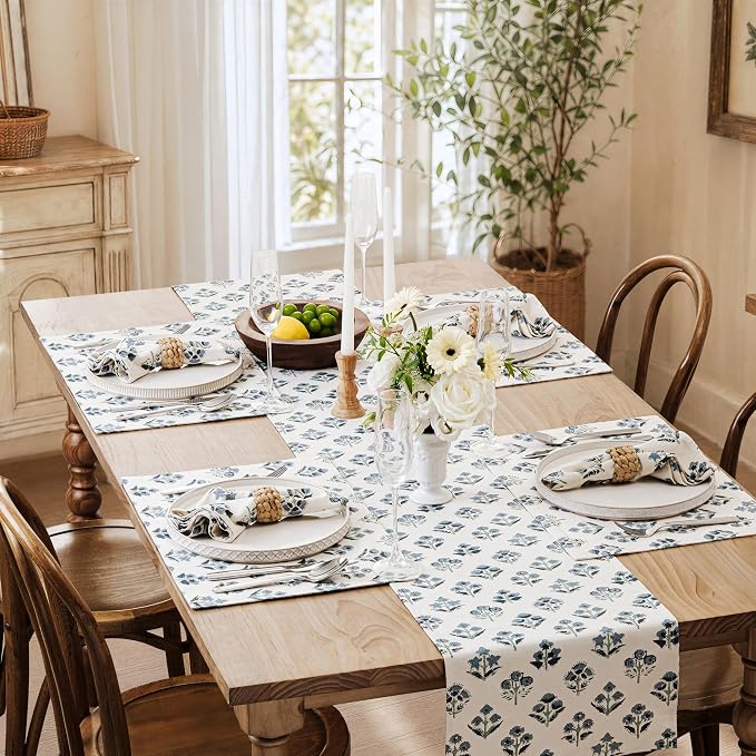 Block Print Floral Decorative Table Runners, 13x48 Inch Dusty Blue | 100% - Image 7