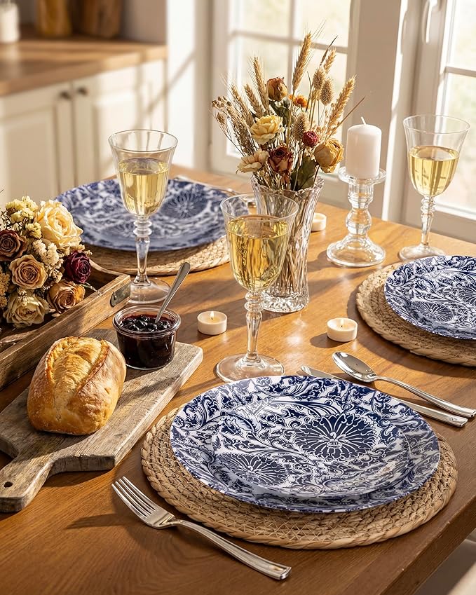Hioasis 60pcs Plastic Disposable Plates Set - Blue Dandelion & Blue Leaf Pattern, 10.25 Dinner & 7.5 Dessert Plates for Wedding,Anniversary,Party and Holiday