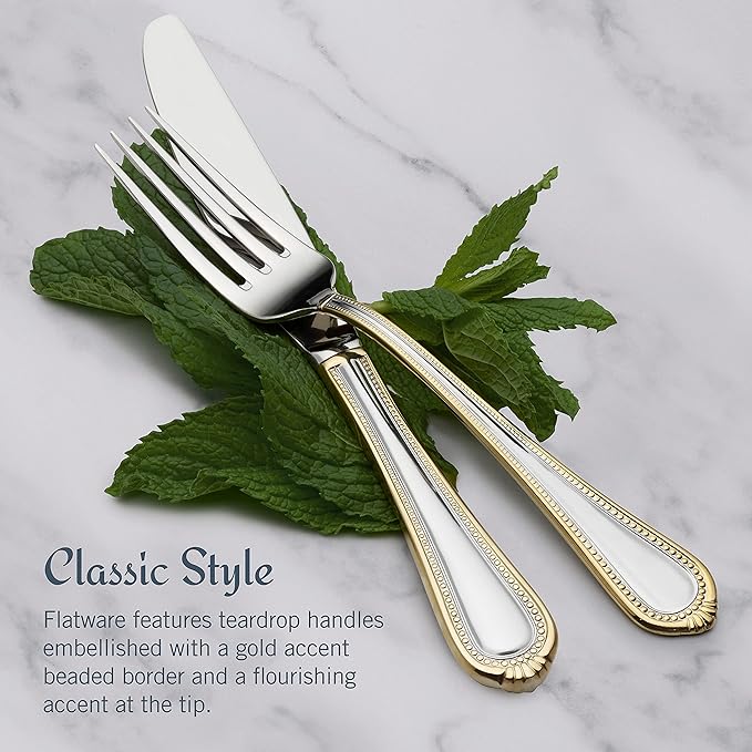 Mikasa, Gold Accent Regent Bead Flatware Service for 12, 65 Piece Set, 18/10 Stainless Steel, Silverware Set with Serving Utensils (Pack of 2)