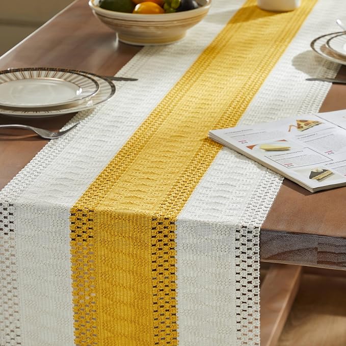 Macrame Style Bicolor Stitching Table Runner 14x60in Mustard | Woven Boho Table - Image 5