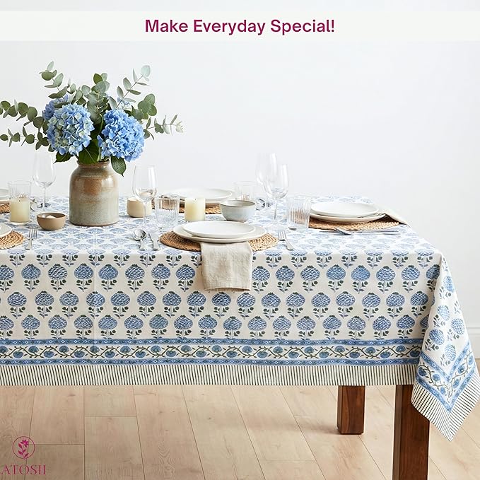 ATOSII Roma Blue 100% Cotton Boho Rectangle Fall Tablecloth, Handblock Floral Print Table Linen for Kitchen Dining I Parties, Outdoors, Weddings, Christmas, Thanksgiving I 72 X 120 Inches I 10 Seater