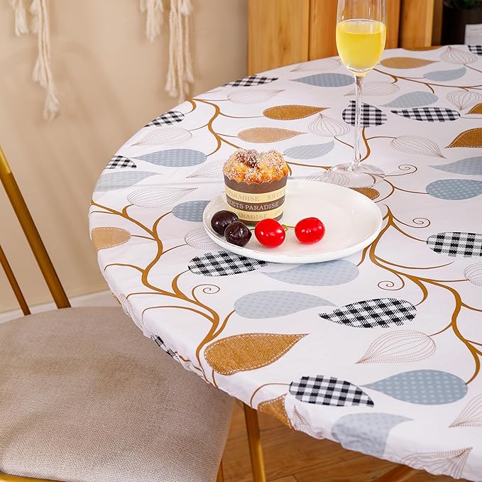 Walrus Round Vinyl Fitted Tablecloth with Flannel Backing Elastic Edge Design Table Cover Waterproof Oil-Proof PVC Table Cloth Stain-Resistant Best for 37"-44" Round