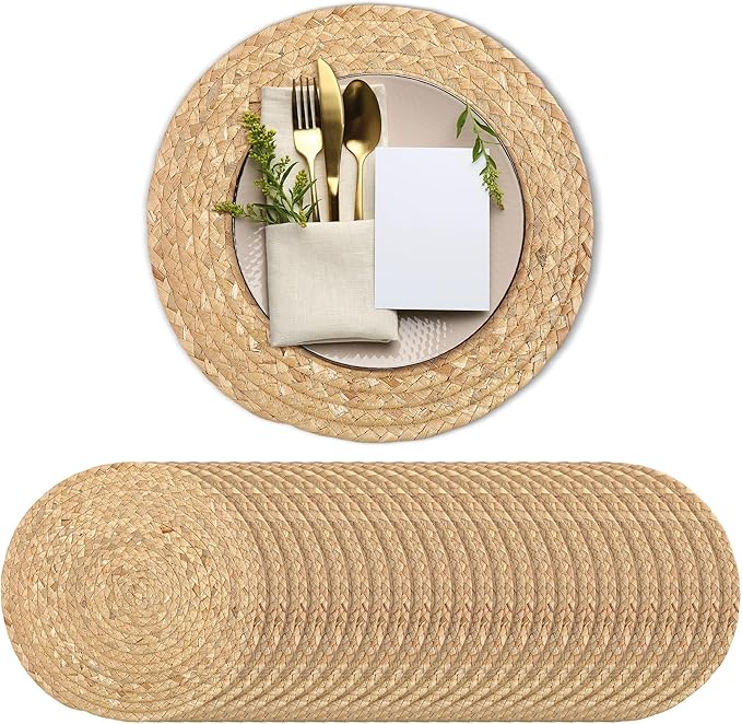 Kochorie Set of 24 Round Woven Placemats 12-Inch Natural Water Hyacinth Plant Placemats Hand-Woven Boho Rattan Placemat Wicker Weave Table Mats for Home Dinner Plates Holiday Supplies
