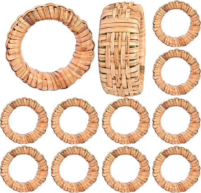 Alpha Living HOMEBoho Chic Dining décor Set of 12 - Handmade Napkin Rings Rustic Woven Rattan Napkin Holders for Dining Table, Weddings, Parties, Holiday Gatherings, and Everyday Use (Natural)
