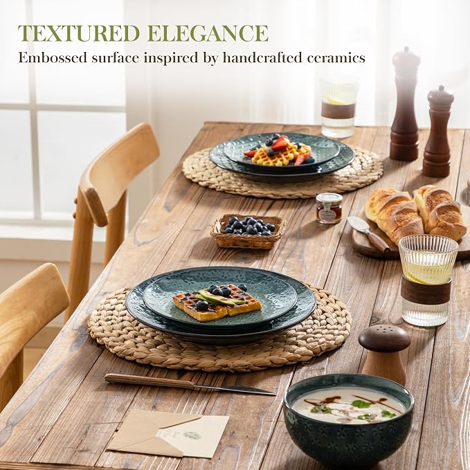 MALACASA 12 Pieces Dinnerware Sets, Farmhouse Plates and Bowls Sets, Embossed - Image 4